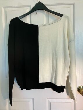 Nasty Gal Black & Cream Colorblock Off-Shoulder Sweater